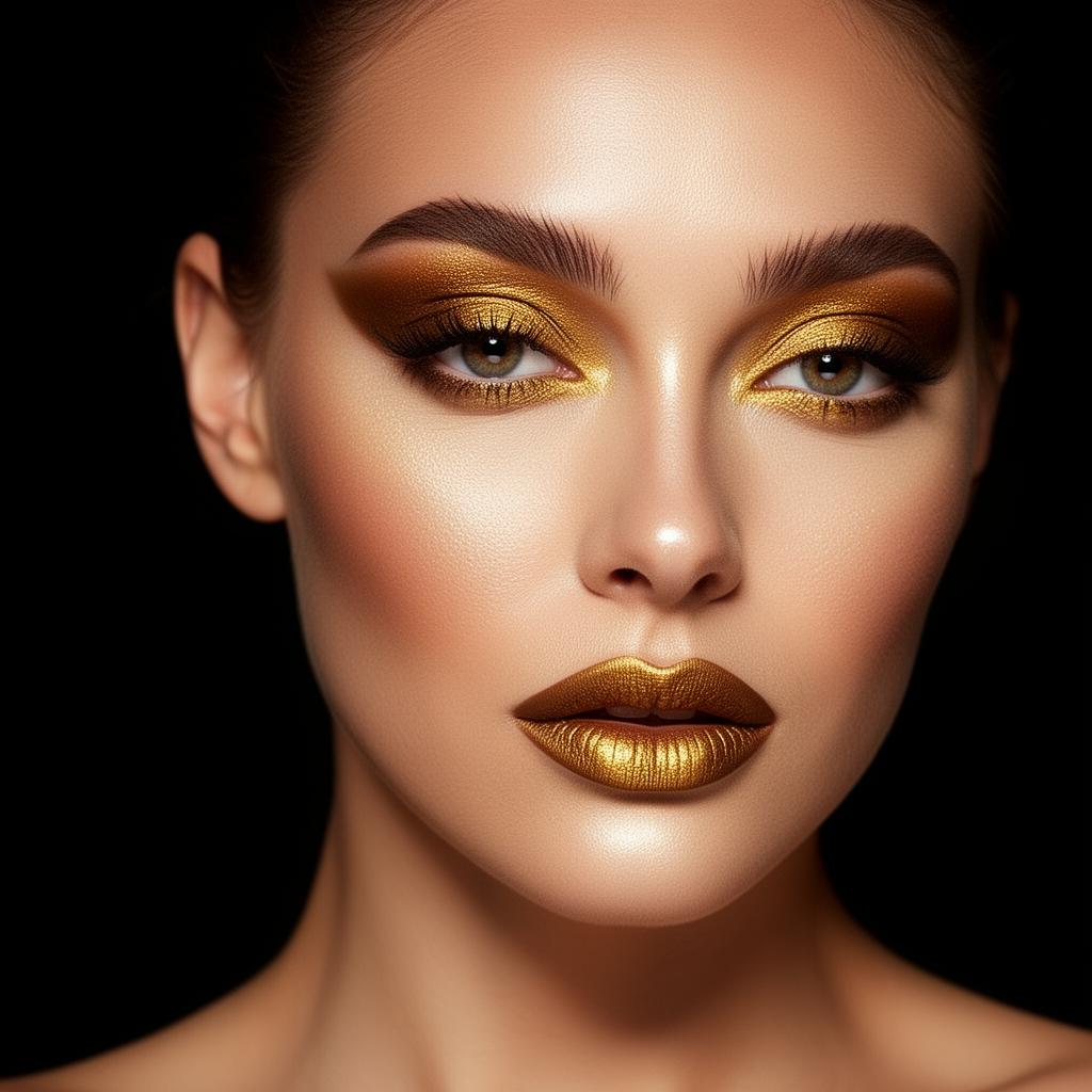 Editorial close-up of a model wearing artistic gold luxury makeup
